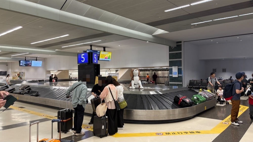 桃園空港の手荷物受取所。5番のターンテーブルと、大きな犬のぬいぐるみが置かれている